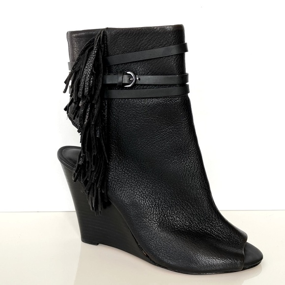 Rebecca Minkoff Black Fringe Stevie Peep Toe Wedge Booties Size 10 - Picture 5 of 15